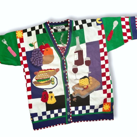 🔥insane🔥 Vintage Colorful BETEKZ 3/4 Sleeved Cardigan Picnic Themed - Picture 9 of 15